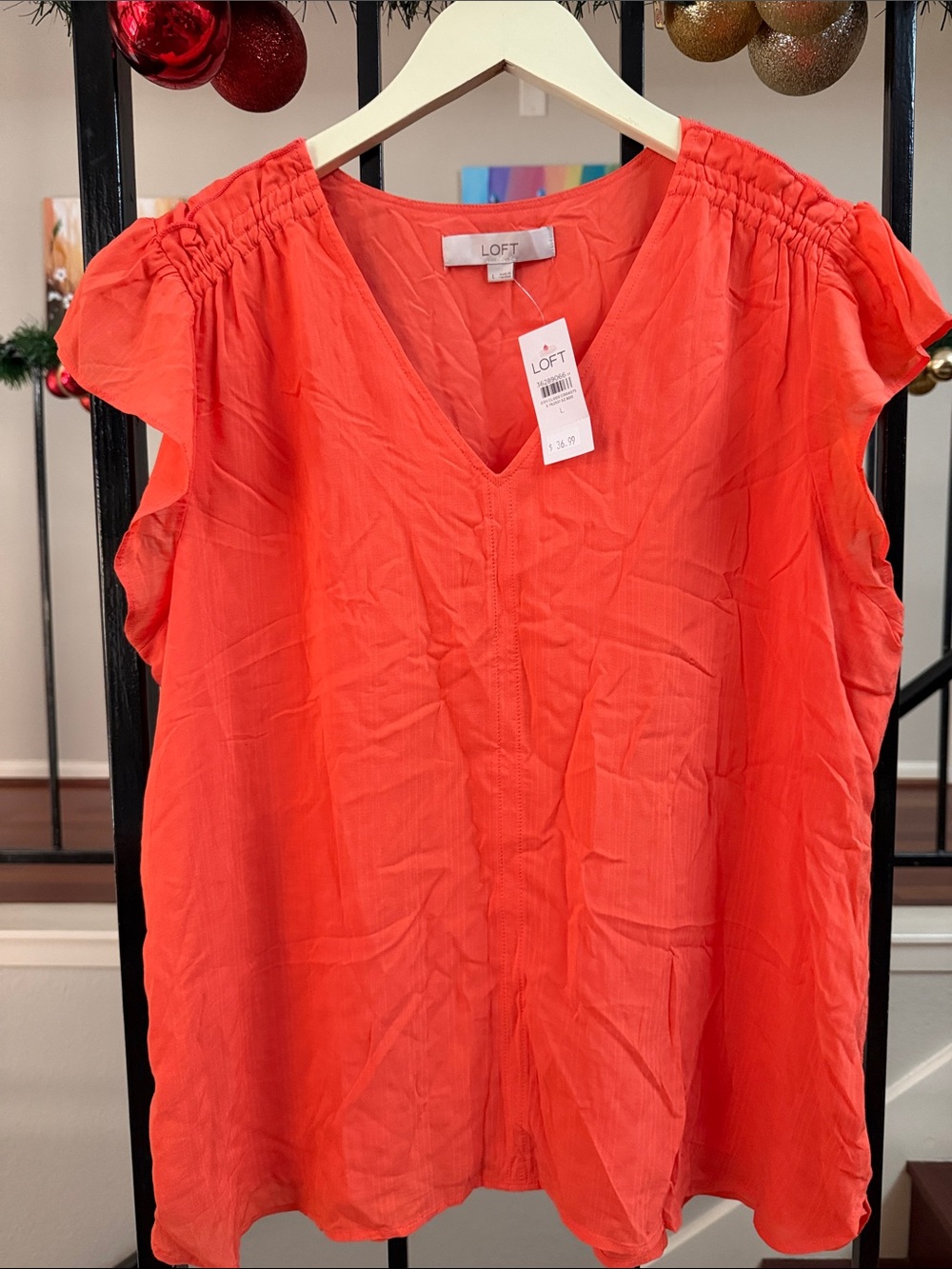 LOFT Coral V-Neck Flutter Sleeve Blouse